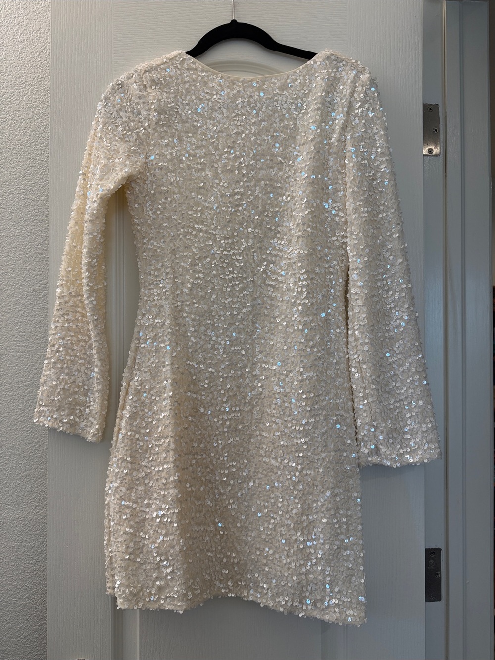 H&M Sequin Long-Sleeve Mini Dress in Ivory XS